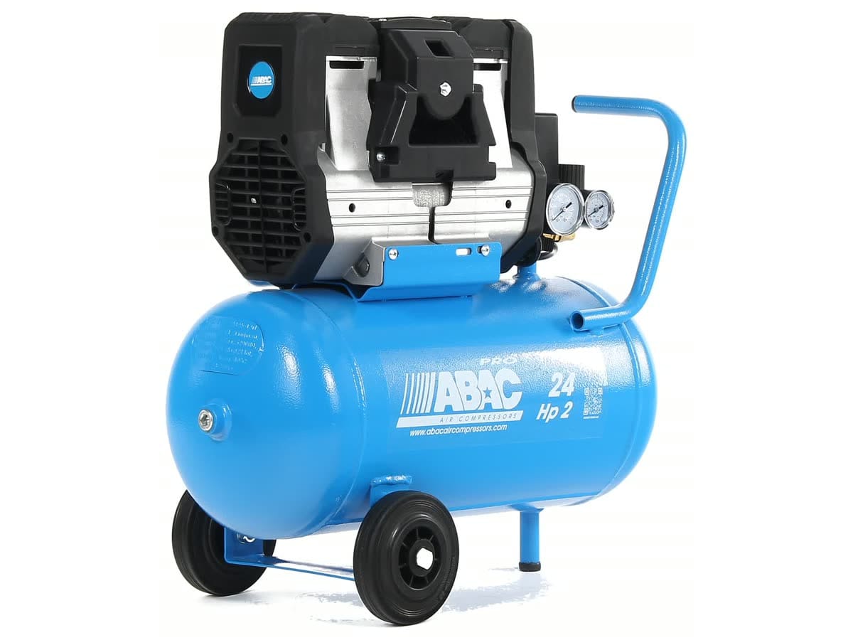 Quiet oil-free compressor ABAC OS20P-1.5-24CM from the front right — pressure switch, two gauges, handle