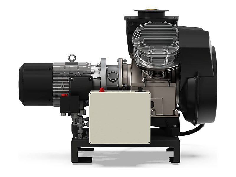 Ölfreier Kompressor ABAC Tech ATF von der Seite — Motor, Aggregat und Schaltkasten auf einem Stahlrahmen