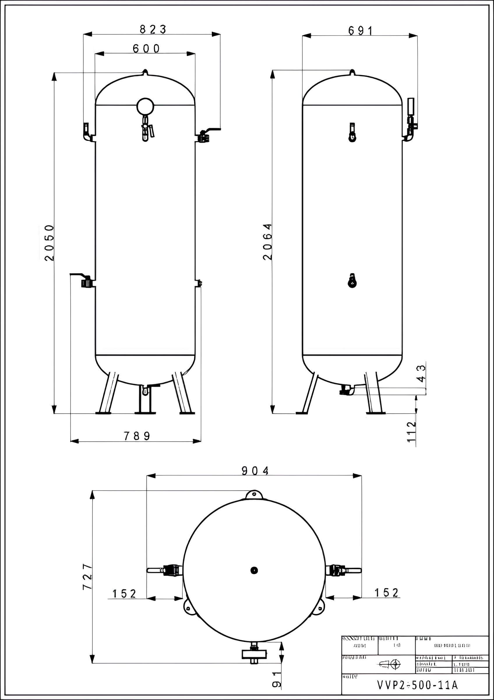 Výkres vystrojené tlakové nádoby a vzdušníků ke kompresoru o objemu 500 l včetně veškeré dokumentace