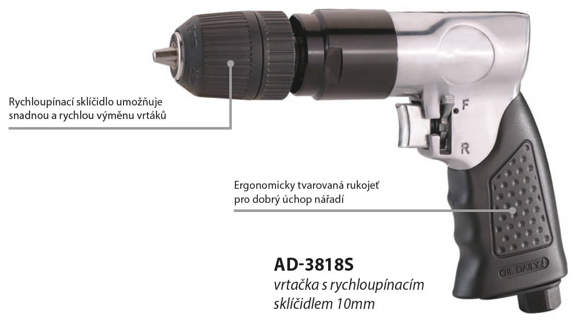 Základní pistolová vrtačka 3/8" (10 mm) pro nenáročné kutilství a řemeslnictví. Obousměrný chod, regulace rychlosti, rychloupínací sklíčidlo, připojení 1/4".