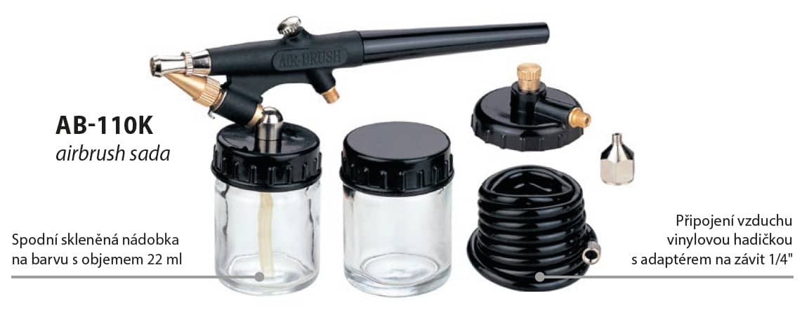 miniaturní airbrush stříkací pistole v praktické sadě s příslušenstvím