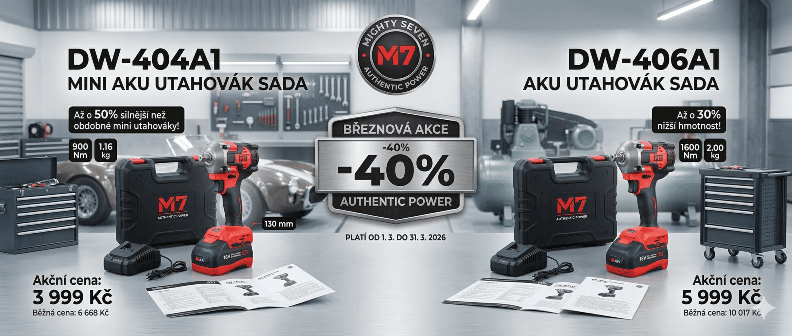 Akční sady profesionálních aku utahováků M7 se slevou 40 %. Vlevo kompaktní mini utahovák DW-404A1 s výkonem 900 Nm , vpravo silný utahovák DW-406A1 s výkonem 1600 Nm.