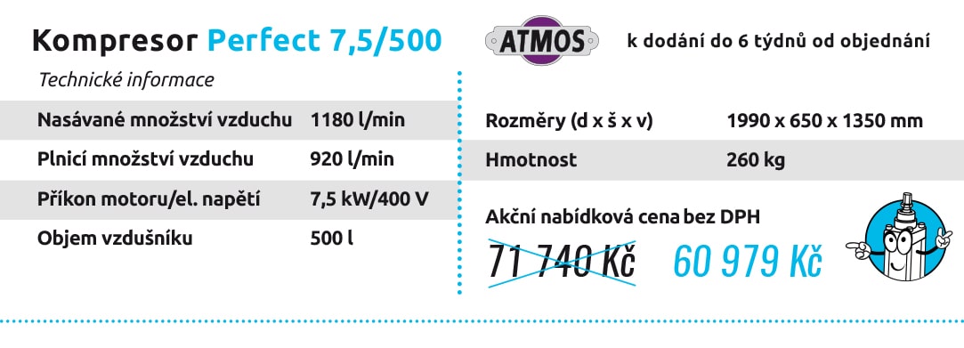 Kompresor Perfect 7,5/500 k dodání do 6 týdnů od objednání Technické informace Nasávané množství vzduchu 1180 l/min Plnicí množství vzduchu 920 l/min Příkon motoru/el. napětí 7,5 kW/400 V Objem vzdušníku 500 l Rozměry (d x š x v) 1990 x 650 x 1350 mm Hmotnost 260 kg 71 740 Kč 60 979 Kč