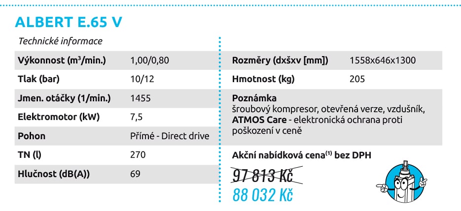 ALBERT E.65 V ALBERT E.100 VS Technické informace Výkonnost (m3/min.) 1,00/0,80 Tlak (bar) 10/12 Jmen. otáčky (1/min.) 1455 Elektromotor (kW) 7,5 Pohon Přímé - Direct drive TN (l) 270 Hlučnost (dB(A)) 69 Rozměry (dxšxv [mm]) 1558x646x1300 Hmotnost (kg) 205 Poznámka šroubový kompresor, otevřená verze, vzdušník, ATMOS Care - elektronická ochrana proti poškození v ceně Technické informace Výkonnost (m3/min.) 0,67 až 1,85(3) Tlak (bar) 6 až 10 Jmen. otáčky (1/min.) 1 019 až 2 997(3) Elektromotor (kW) max. 11,0 Pohon Přímé - Direct drive TN (l) 270 Hlučnost (dB(A)) 64-78 Rozměry (dxšxv [mm]) 1665x685x1340 Hmotnost (kg) 250/253(2) Poznámka frekvenčně řízený šroub. kompr., otevřená verze, vzdušník, ATMOS Care - elektronická ochrana proti poškození v ceně, integrovaný sušič 97 813 Kč 88 032 Kč