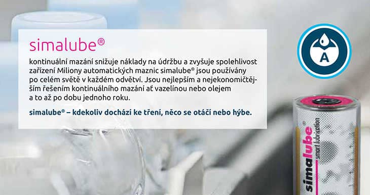 kontinuální mazání snižuje náklady na údržbu a zvyšuje spolehlivost zařízení Miliony automatických maznic simalube® jsou používány po celém světě v každém odvětví. Jsou nejlepším a nejekonomičtějším řešením kontinuálního mazání ať vazelínou nebo olejem a to až po dobu jednoho roku.