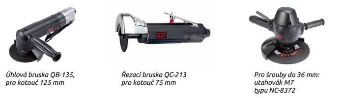 Úhlová bruska QB-135, pro kotouč 125 mm Řezací bruska QC-213 pro kotouč 75 mm Pro šrouby do 36 mm: utahovák M7 typu NC-8372