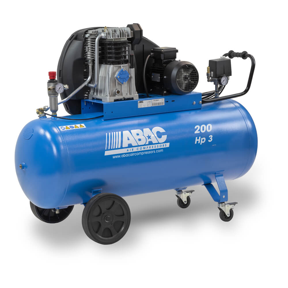 ABAC Dvoustupňový kompresor A49B-2,2-200CT příkon 2,2 kW, sací výkon 444 l/min, tlak 11 bar, vzdušník 200 l, napětí 400/50 V/Hz