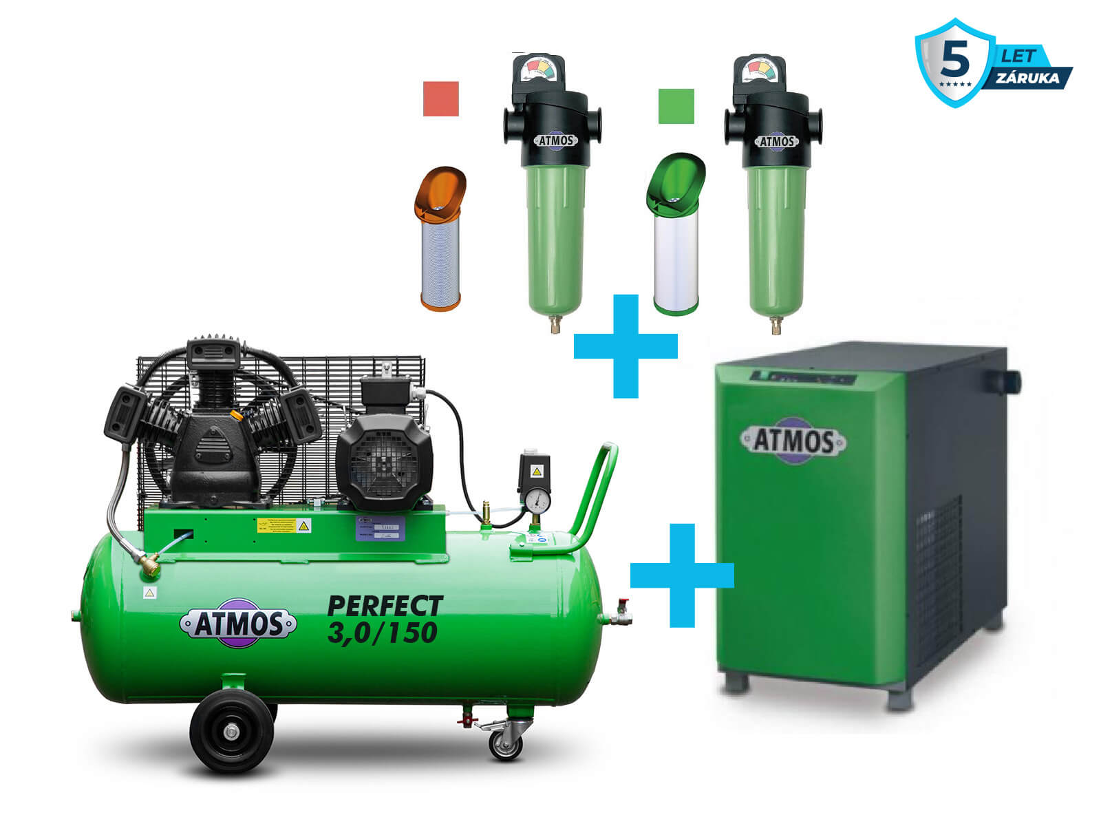 Atmos Sestava kompresor + sušička + filtrace - SAP3/150 příkon 3,0 kW, výkon 408 l/min, 10 bar, vzdušník 150 l, sušička, filtrace