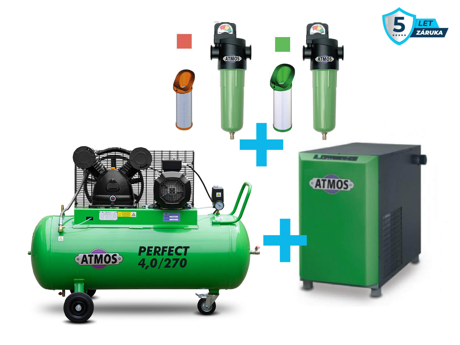Atmos Sestava kompresor + sušička + filtrace - SAP4/270 příkon 4,0 kW, výkon 650 l/min, 10 bar, vzdušník 270 l, sušička, filtrace