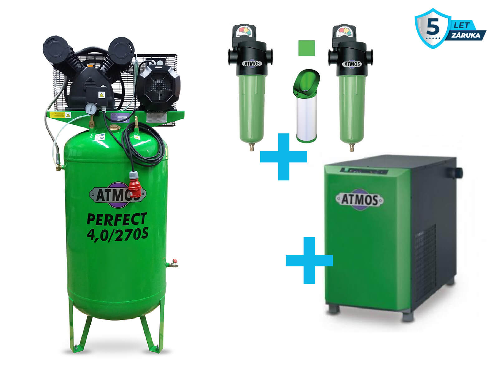 Atmos Sestava kompresor + sušička + filtrace - SAP4/270S příkon 4,0 kW, výkon 650 l/min, 10 bar, stojatý vzdušník 270 l, sušička, filtrace