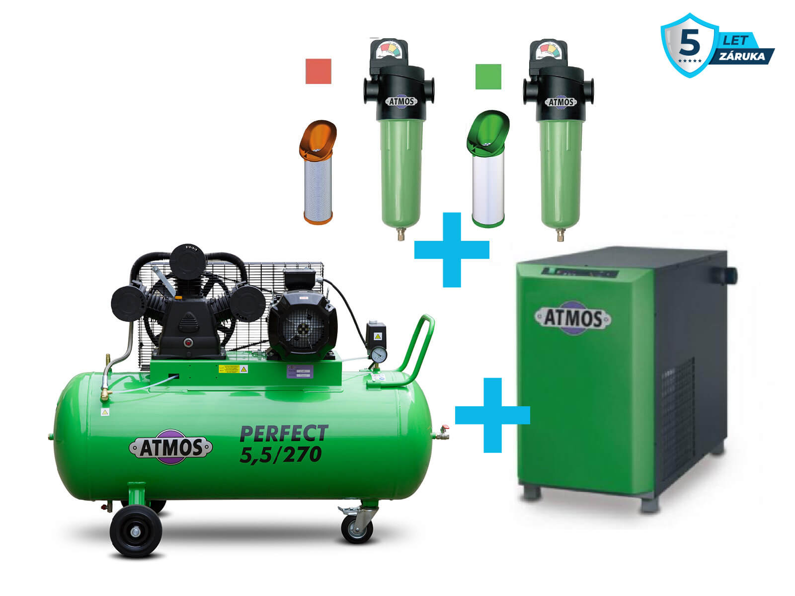 Atmos Sestava kompresor + sušička + filtrace - SAP5,5/270 příkon 5,5 kW, výkon 750 l/min, 10 bar, vzdušník 270 l, sušička, filtrace