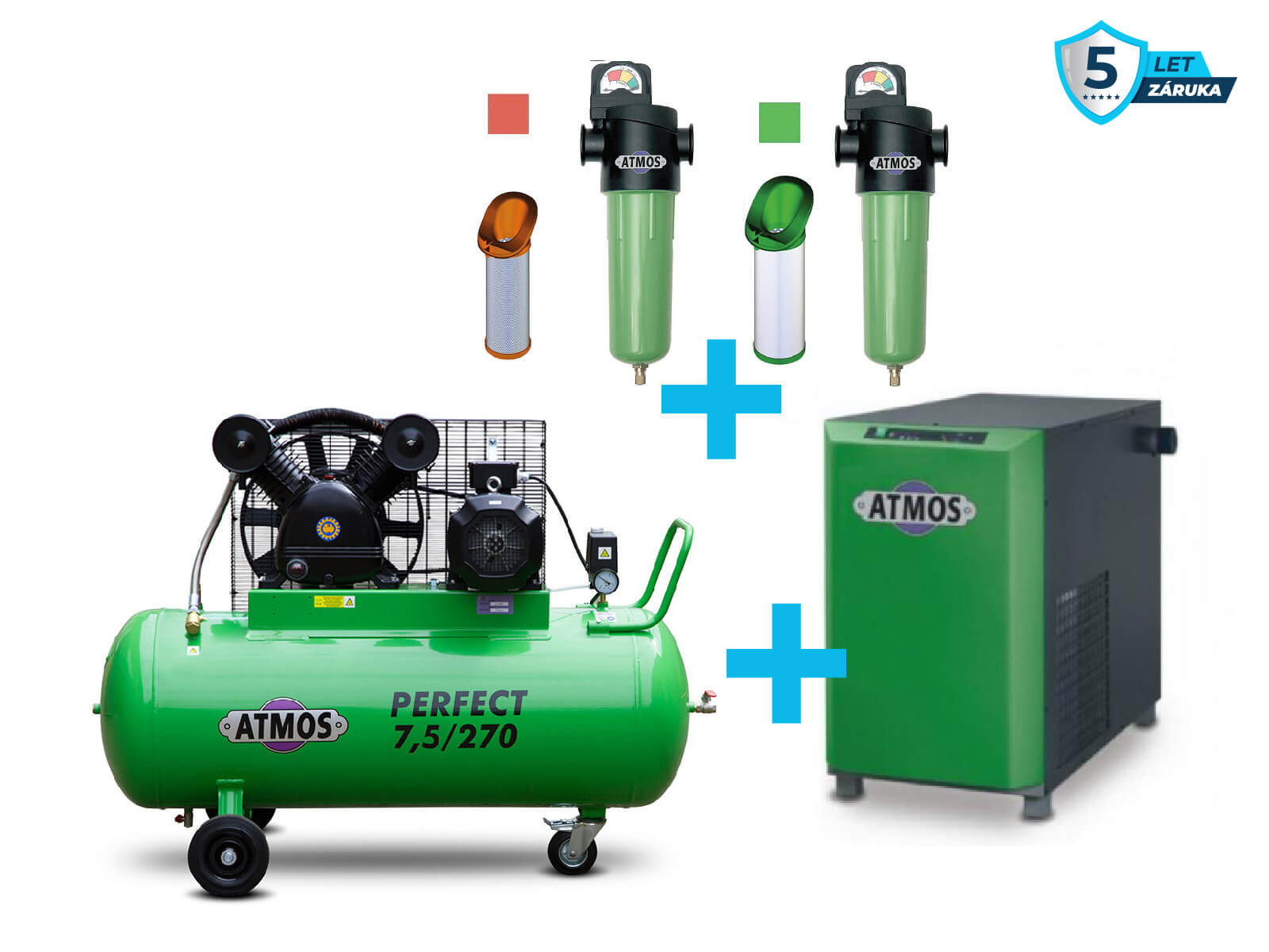 Atmos Sestava kompresor + sušička + filtrace - SAP7,5/270 příkon 7,5 kW, výkon 920 l/min, 10 bar, vzdušník 270 l, sušička, filtrace