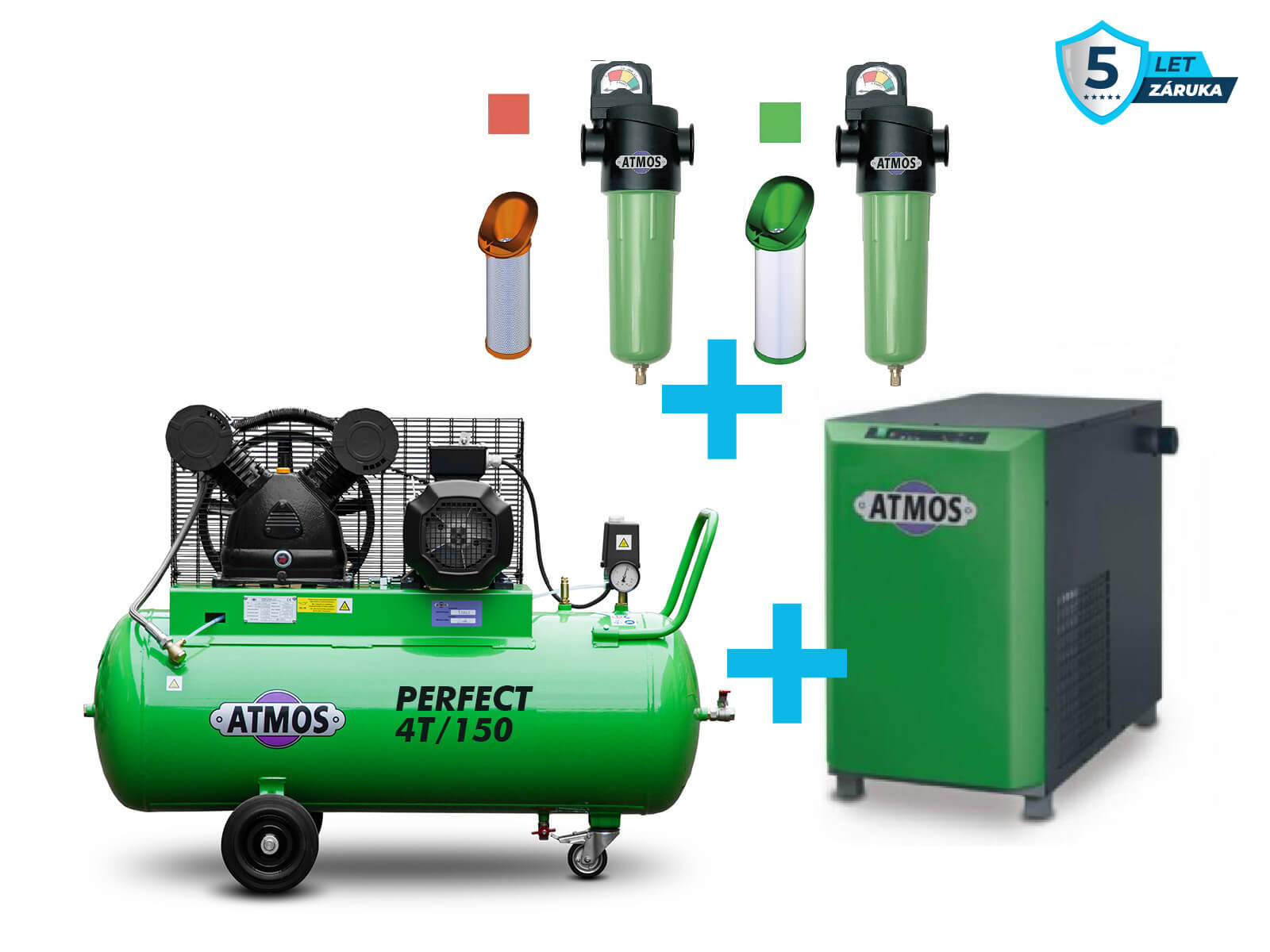 Atmos Sestava kompresor + sušička + filtrace - SAP4T/150 příkon 4 kW, výkon 500 l/min, 12,5 bar, vzdušník 150 l, sušička, filtrace