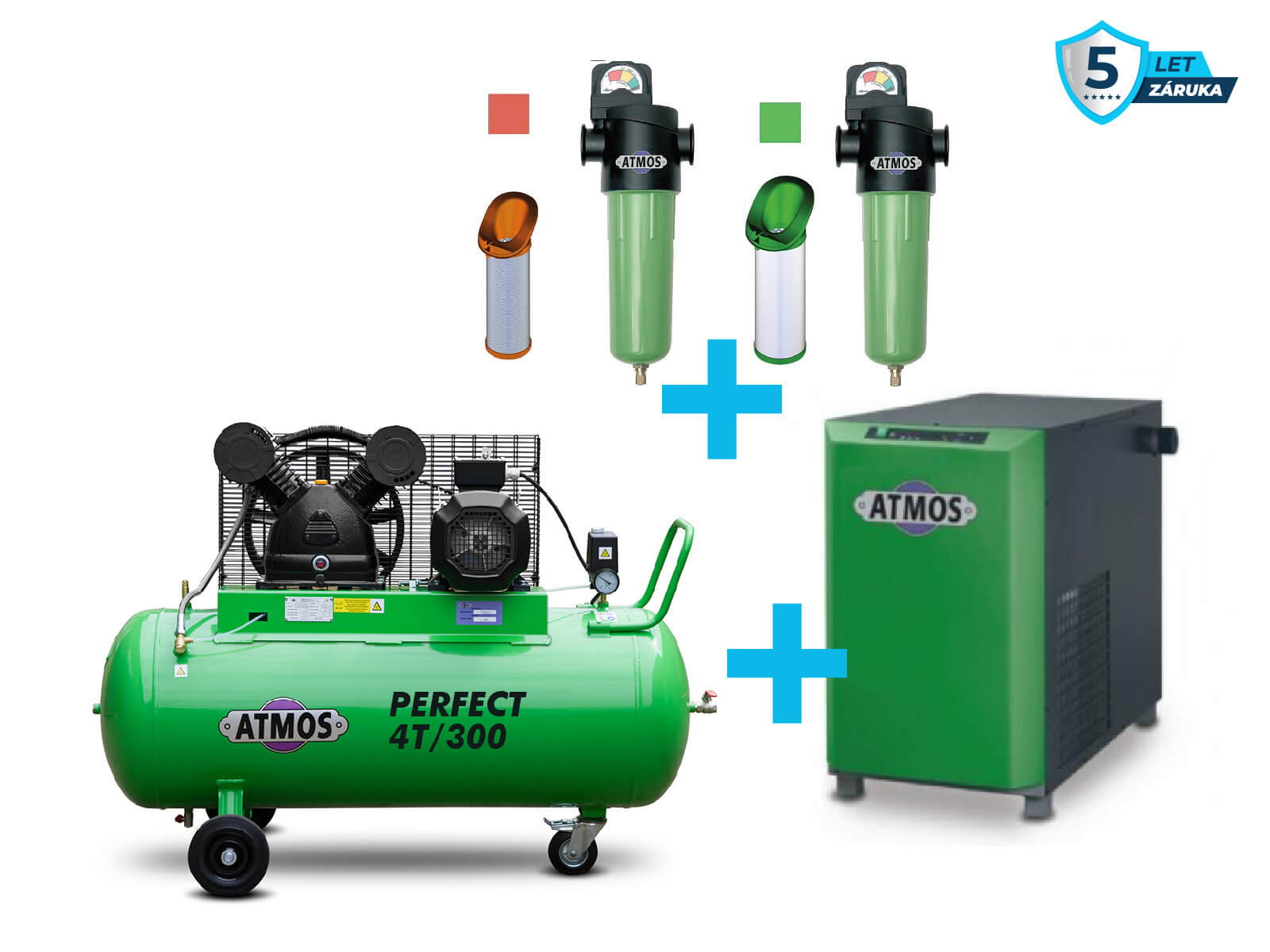 Atmos Sestava kompresor + sušička + filtrace - SAP4T/300 příkon 4 kW, výkon 500 l/min, 12,5 bar, vzdušník 300 l, sušička, filtrace