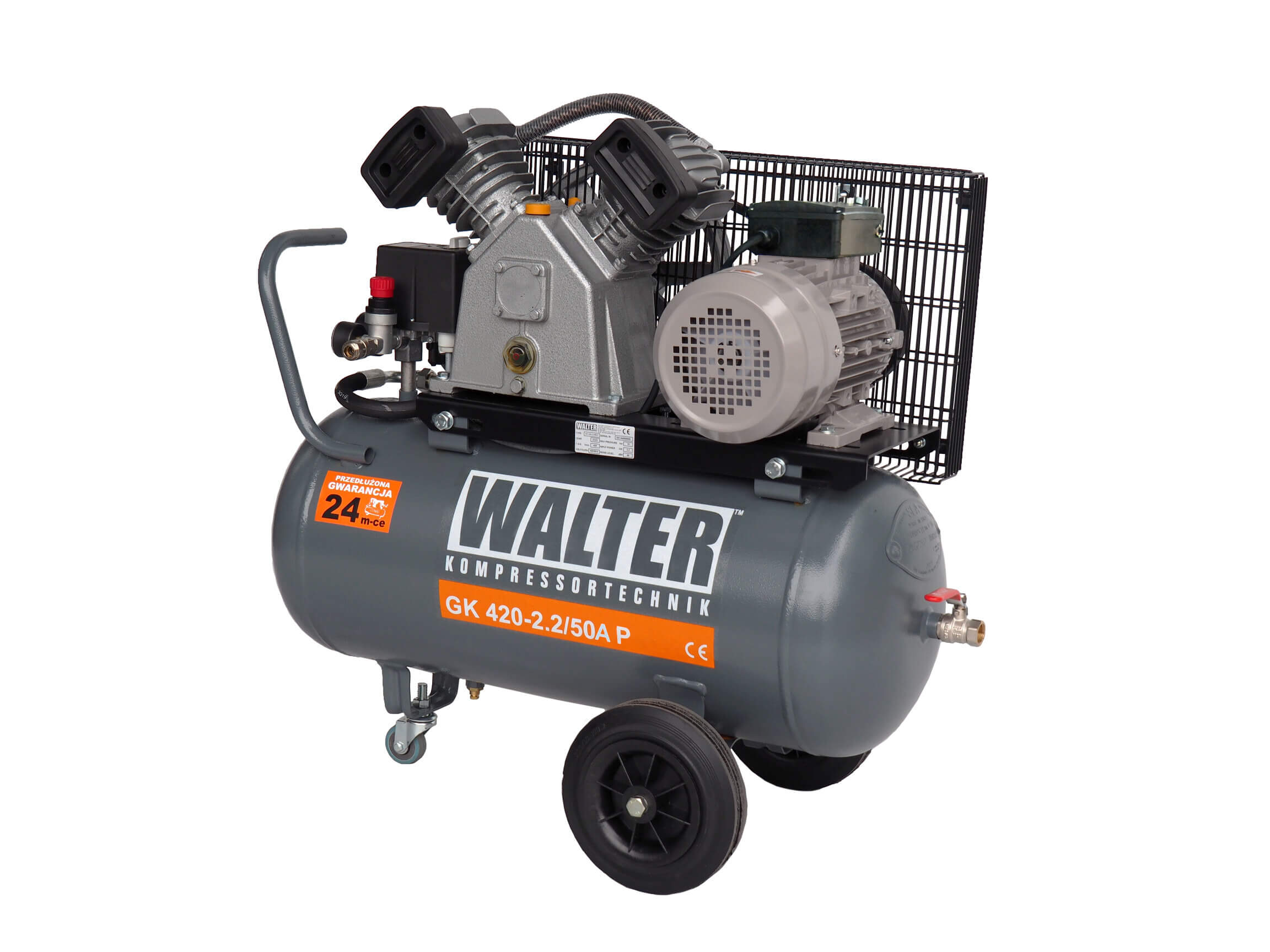 WALTER Litinový pístový kompresor GK420-22-50A příkon 2,2 kW, sací výkon 420 l/min, tlak 10 bar, vzdušník 50 l, napětí 230/50 V/Hz