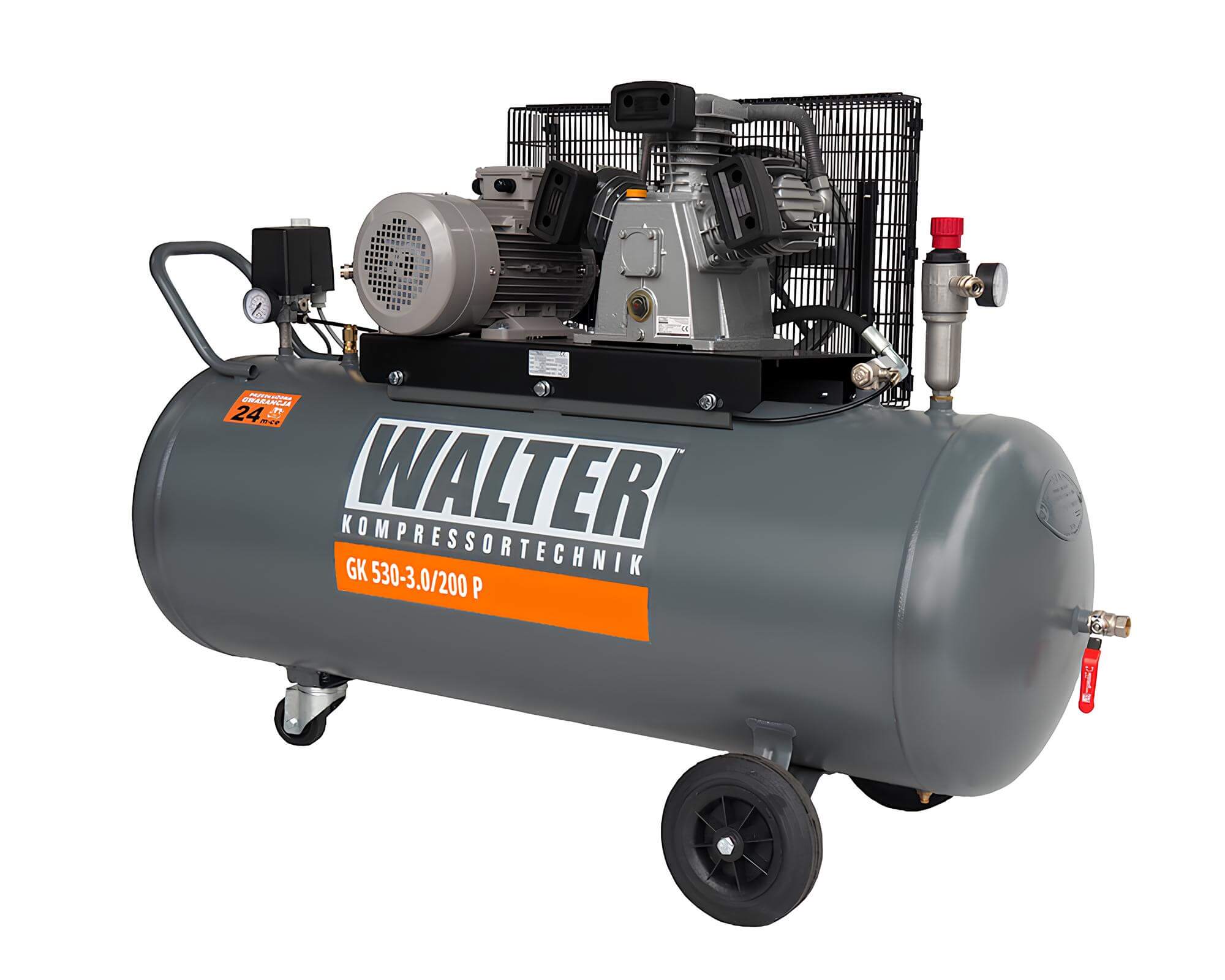 WALTER Litinový pístový kompresor GK530-30-200 příkon 3 kW, sací výkon 530 l/min, tlak 10 bar, vzdušník 200 l, napětí 400/50 V/Hz