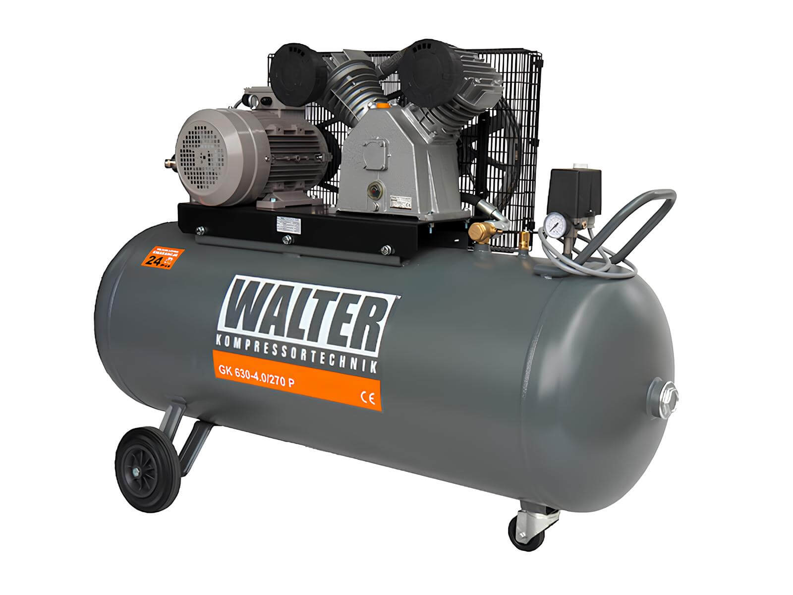 WALTER Litinový pístový kompresor GK630-40-270 příkon 4 kW, sací výkon 630 l/min, tlak 10 bar, vzdušník 270 l, napětí 400/50 V/Hz