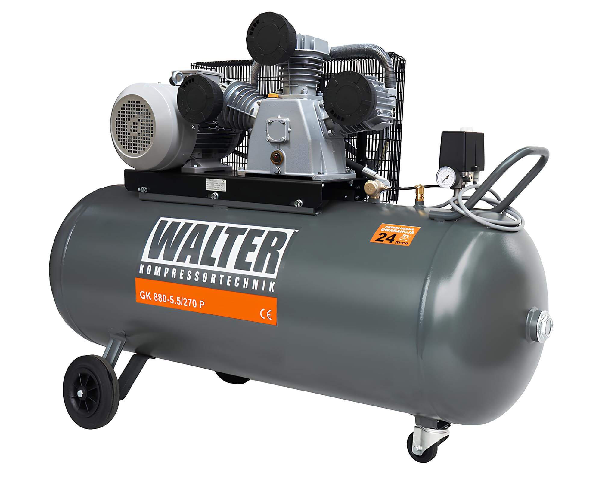 WALTER Litinový pístový kompresor GK880-55-270 příkon 5,5 kW, sací výkon 880 l/min, tlak 10 bar, vzdušník 270 l, napětí 400/50 V/Hz