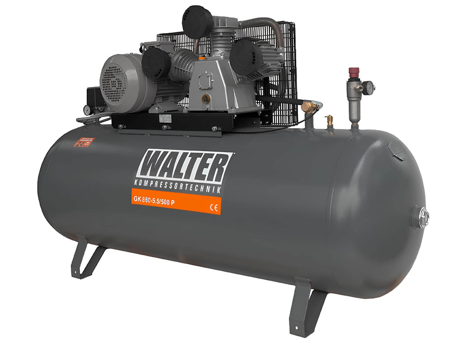WALTER Litinový pístový kompresor GK880-55-500 příkon 5,5 kW, sací výkon 880 l/min, tlak 10 bar, vzdušník 500 l, napětí 400/50 V/Hz