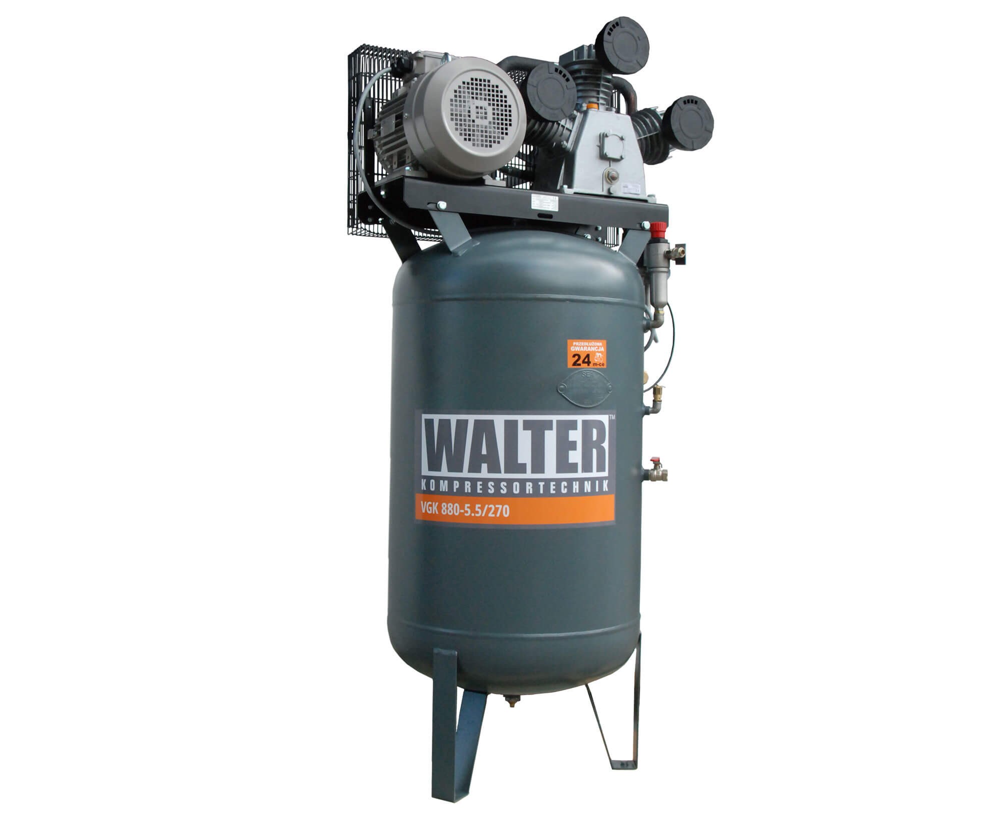 WALTER Litinový pístový kompresor VGK880-55-270 příkon 5,5 kW, sací výkon 880 l/min, tlak 10 bar, vzdušník 270 l, napětí 400/50 V/Hz