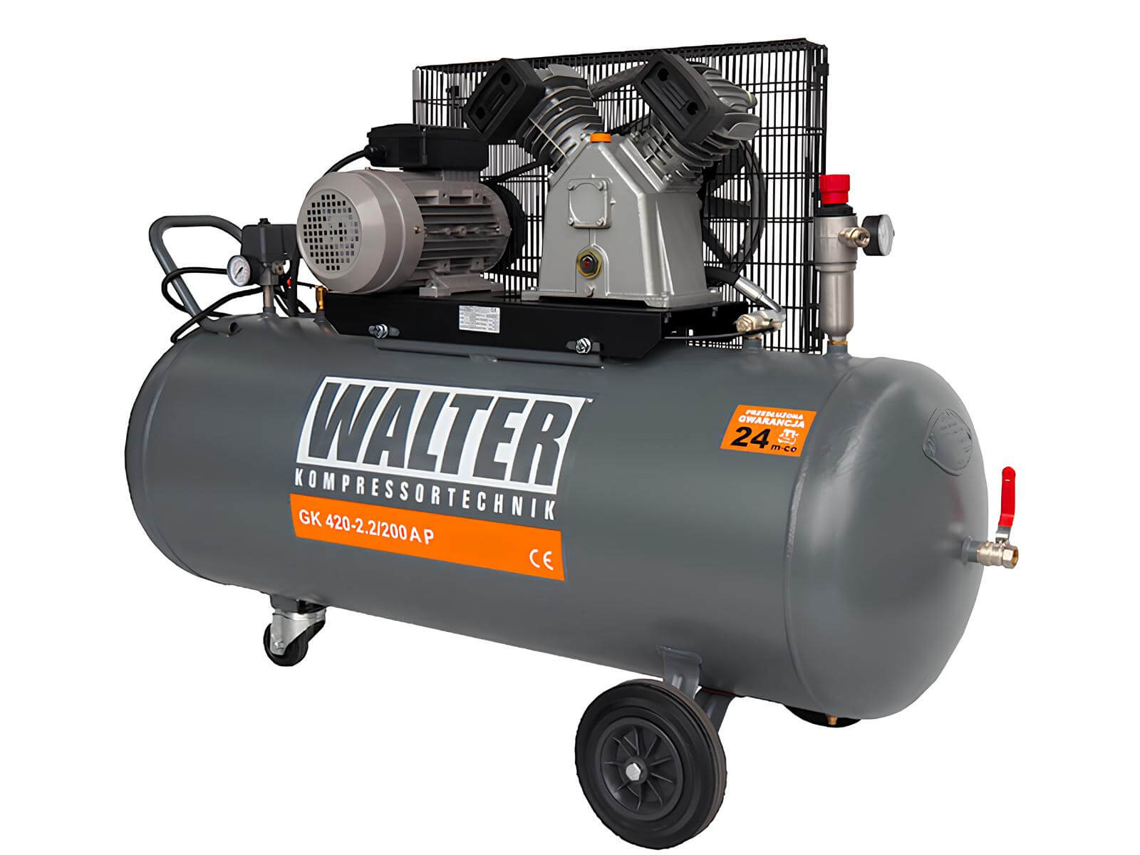 WALTER Litinový pístový kompresor GK420-22-200A příkon 2,2 kW, sací výkon 420 l/min, tlak 10 bar, vzdušník 200 l, napětí 230/50 V/Hz