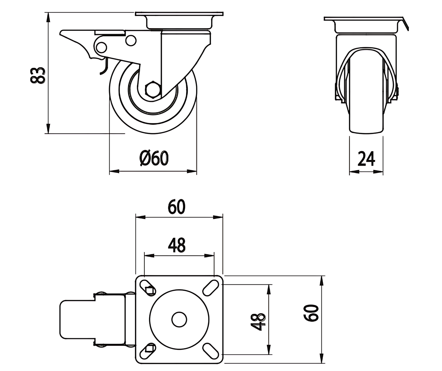 Alusic Otočné kolečko D=60 mm, příruba 60x60, s brzdou