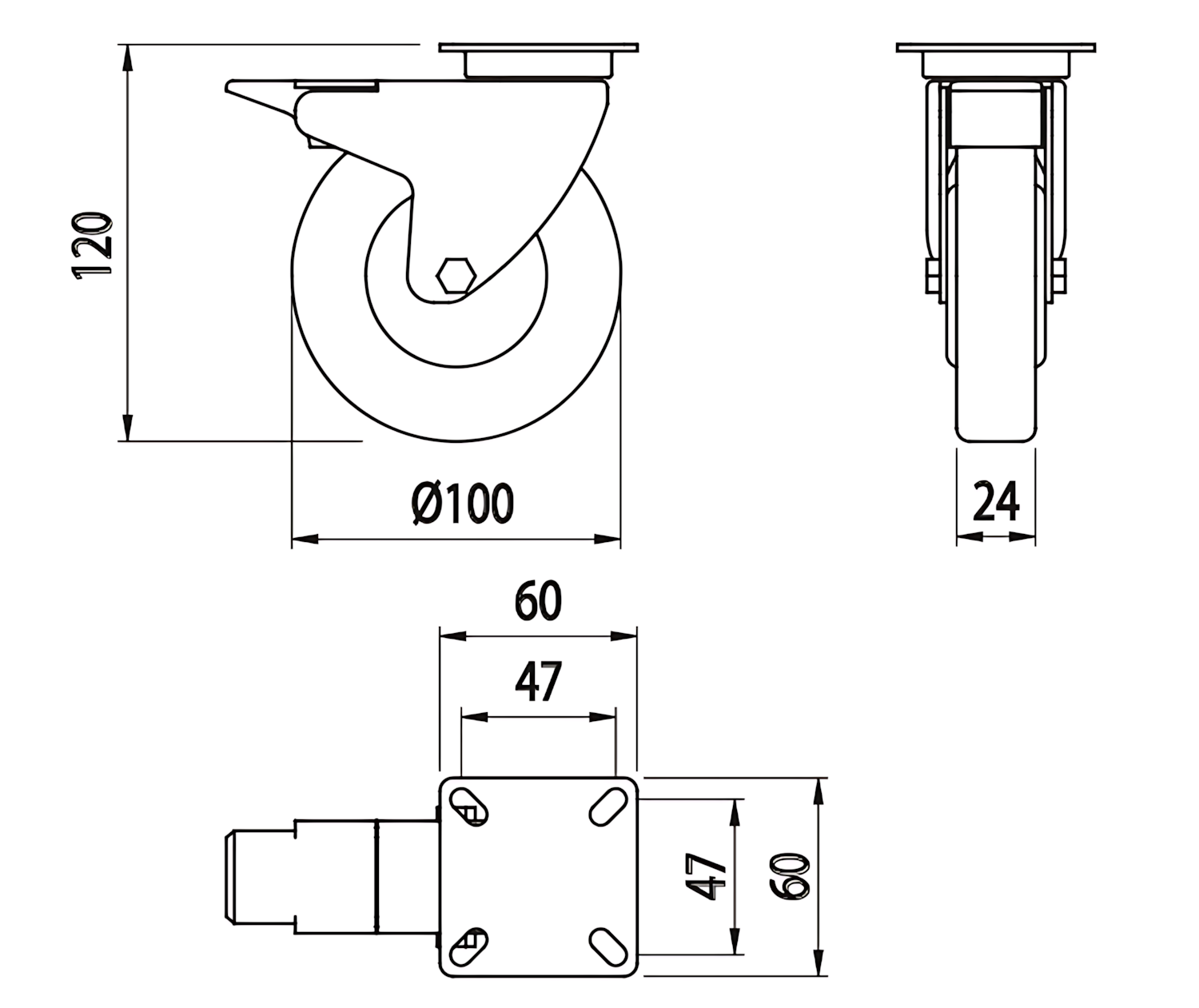 Alusic Otočné kolečko D=100 mm, příruba 60x60, s brzdou