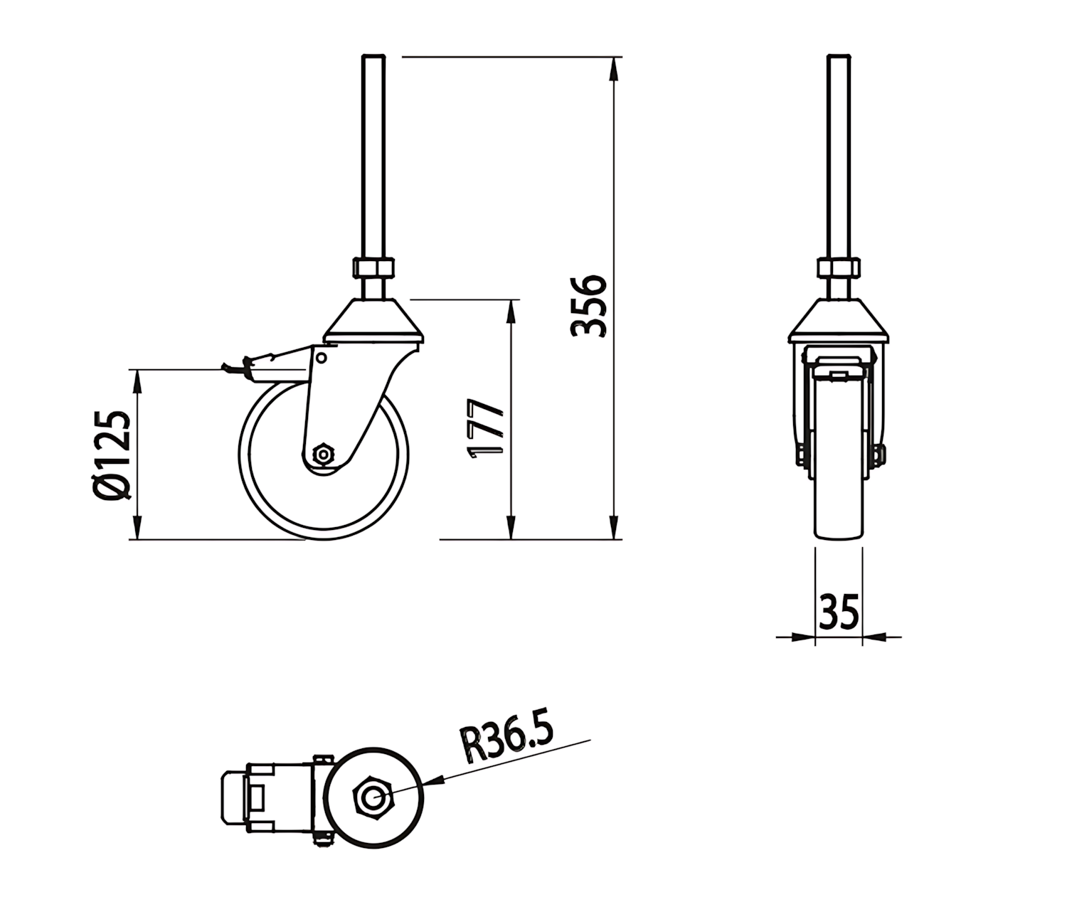 Alusic Otočné kolečko D=125 mm, závit M16, s brzdou