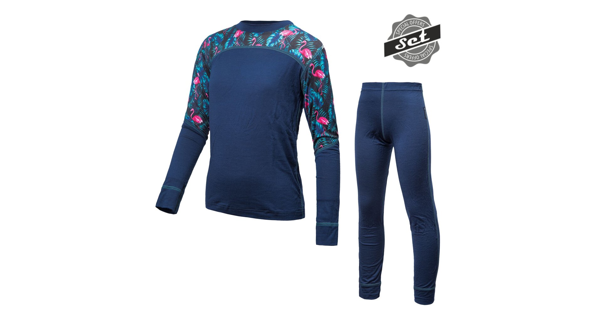 SENSOR MERINO IMPRESS SET dětský triko dl.rukáv + spodky deep blue/floral Velikost: 140