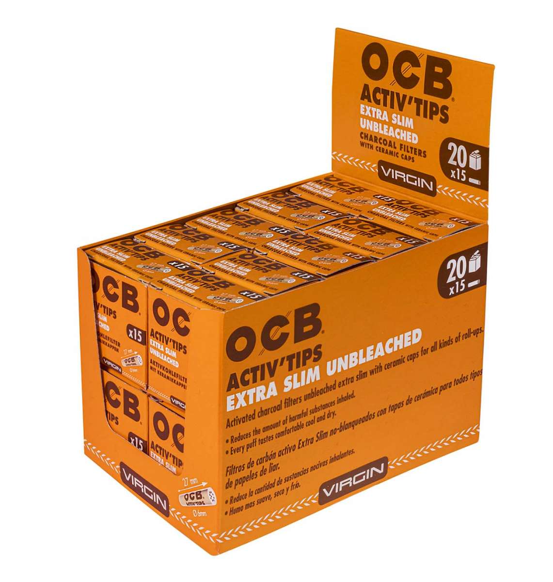Uhlíkové filtry OCB Virgin Extra Slim 6 mm nebělené, 15 ks