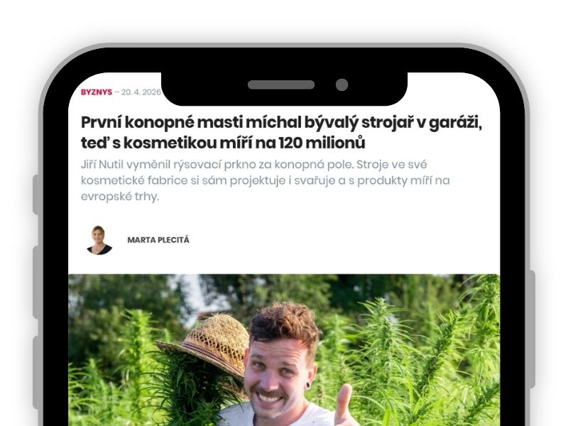Článek o Konopném Tátovi na CzechCrunch zobrazený v telefonu
