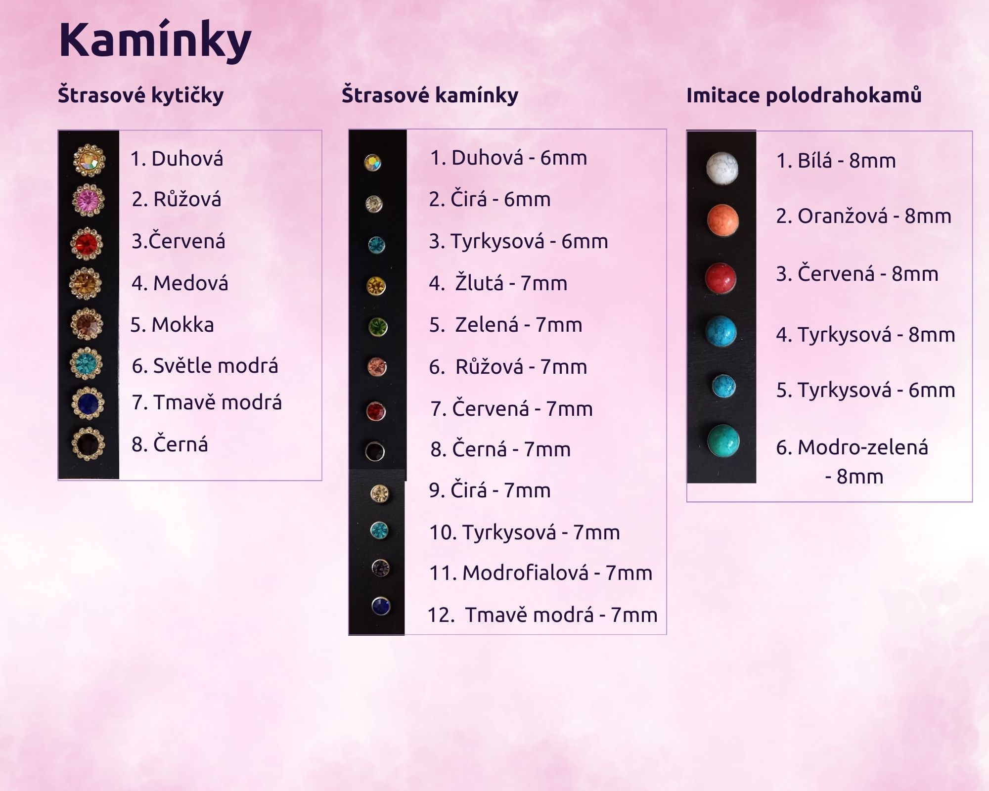 Vzorníky kamínků a kovových ozdob