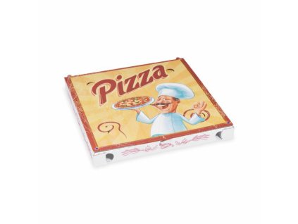 Krabice na pizzu (mikrovlnitá lepenka) C4 bílá s potiskem 29,5 x 29,5 x 3 cm [100 ks]