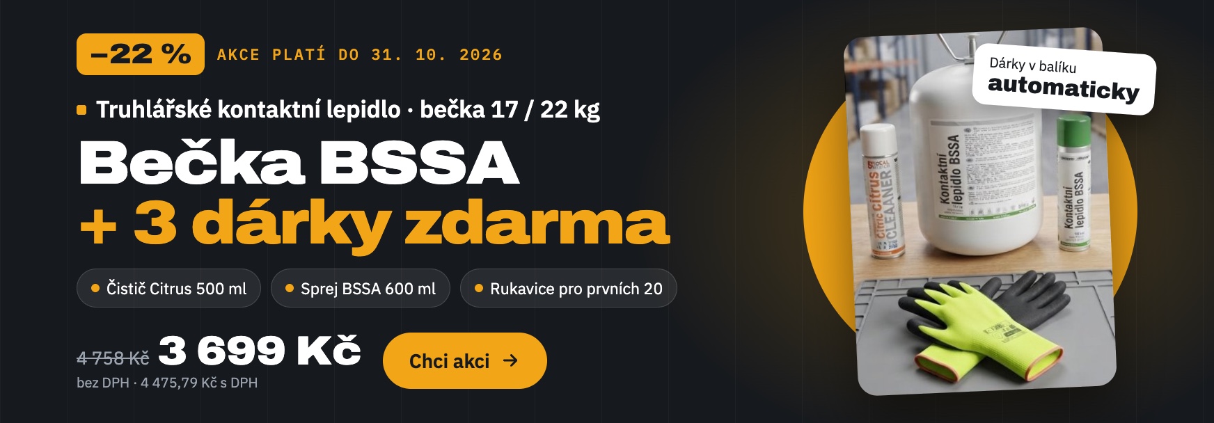 Akce: bečka kontaktního lepidla BSSA + 3 dárky zdarma, 3 699 Kč bez DPH