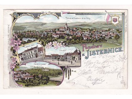 Jistebnice Tábor RU DA barevná litografie 4 okénka montáž nákl. Jan Šíbrt tisk ateliér Th. Böhm NMnM 1a