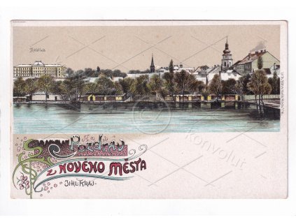 Nové Město na Moravě Žďár nad Sázavou RU DA barevná litografie koláž škola panorama zimní tisk Theodor Böhm 1a