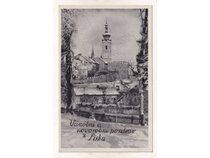 Písek Vánoce vánoční fotomontáž hradby sníh zimní ČB montáž koláž J. Švec Praha č. 1225 196 1a