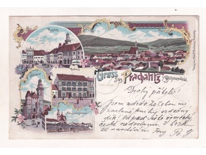 Prachatice Šumava RU DA koláž barevná litografie Schwidernoch 5 okénka nákl. Adolf Wimbersky 1a