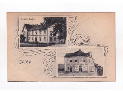 Zbůch Plzeň sever Hornické kasárny obchod výčep vína Alois Slunéčko ČB světlotisk 2. okénková koláž tisk. V. Neubert Smíchov 1a