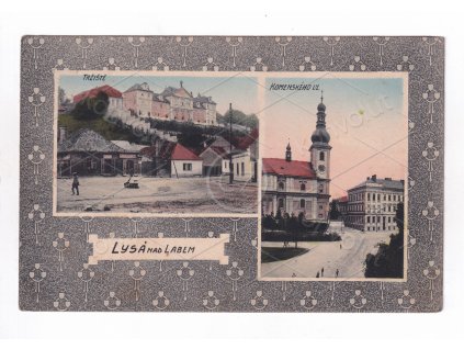 Lysá nad Labem Nymburk barevná koláž tapetová pasparta RU světlotisk tržiště ulice 2 okénka nákl. Marie Kopelentová tisk E. Jilovský Praha 1a