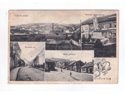 Hořovice Beroun Brdy ČB světlotisk 4 okénka zdobená montáž koláž pomník ulice náměstí továrna nákl. M. Carvan č. 1661 1a