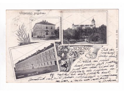 Benešov Konopiště Vojenská nemocnice Kasárna P. Pl. 102 Vojenský pozdrav 3. okénková koláž ČB RU DA chromotypie níkl. Aug. Sýkora č. 331 1a