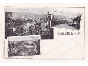 Mýto v Čechách Rokycany 1900 událost katastrofa požár ČB chromotypie 3 okénka montáž RU DA 1a