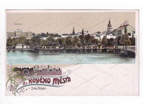 Nové Město na Moravě Žďár nad Sázavou RU DA barevná litografie koláž škola panorama zimní tisk Theodor Böhm 1a