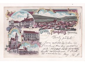 Prachatice Šumava RU DA koláž barevná litografie Schwidernoch 5 okénka nákl. Adolf Wimbersky 1a