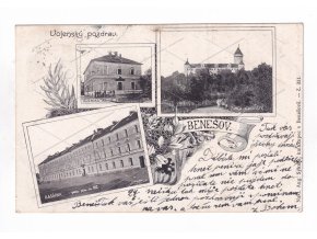 Benešov Konopiště Vojenská nemocnice Kasárna P. Pl. 102 Vojenský pozdrav 3. okénková koláž ČB RU DA chromotypie níkl. Aug. Sýkora č. 331 1a