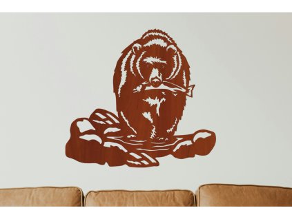 Medveď grizly s ulovenou rybou - drevený obraz