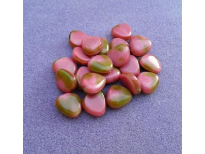 Korálky mačkané - MKL035 - oblázek starorůžový se zeleným žíháním