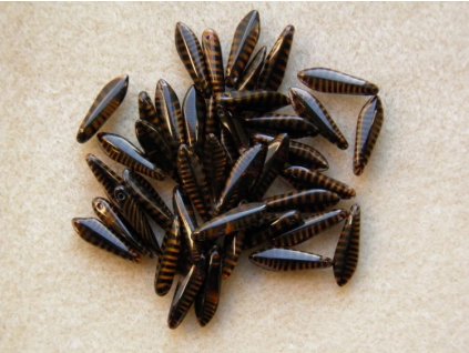 Korálky mačkané - jazýček černý s hnědými proužky - 5 mm x 16 mm