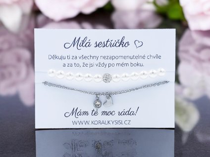 Náramek ocelový Krystal, srdce a perličky pro sestru SET